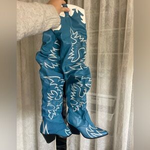 Blue Thigh High Embroidered Cowboy Boots